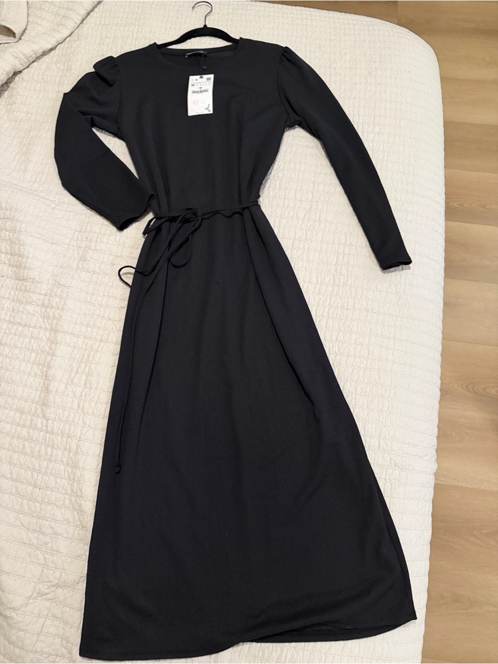 Zara Black Long Sleeve Midi Dress with Tie Waist